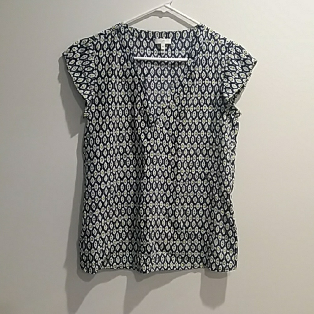 Joie navy, white and yellow ikat print blouse